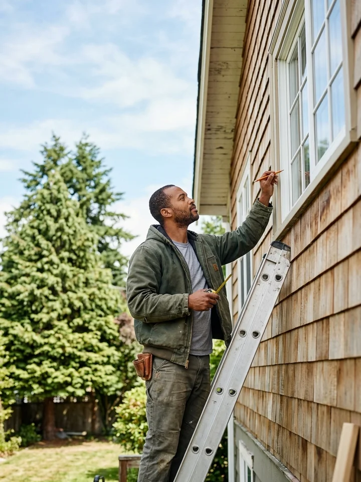 A tradesperson working on the exterior of a Pacific Northwest home during a clear summer stretch.