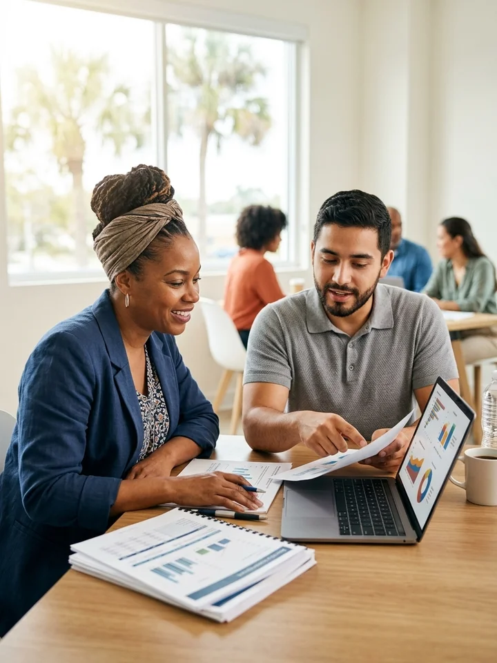 Two people reviewing marketing performance together at a table in a Central Florida office.