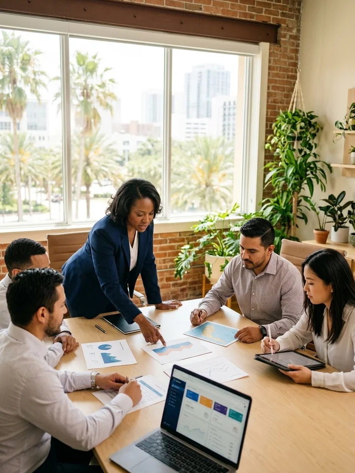 Attorneys and staff of a law firm reviewing intake and campaign numbers around a conference table in a bright, modern office.