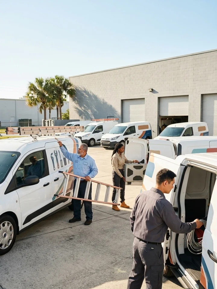 Service technicians loading branded work vans at a morning dispatch yard in bright daylight.