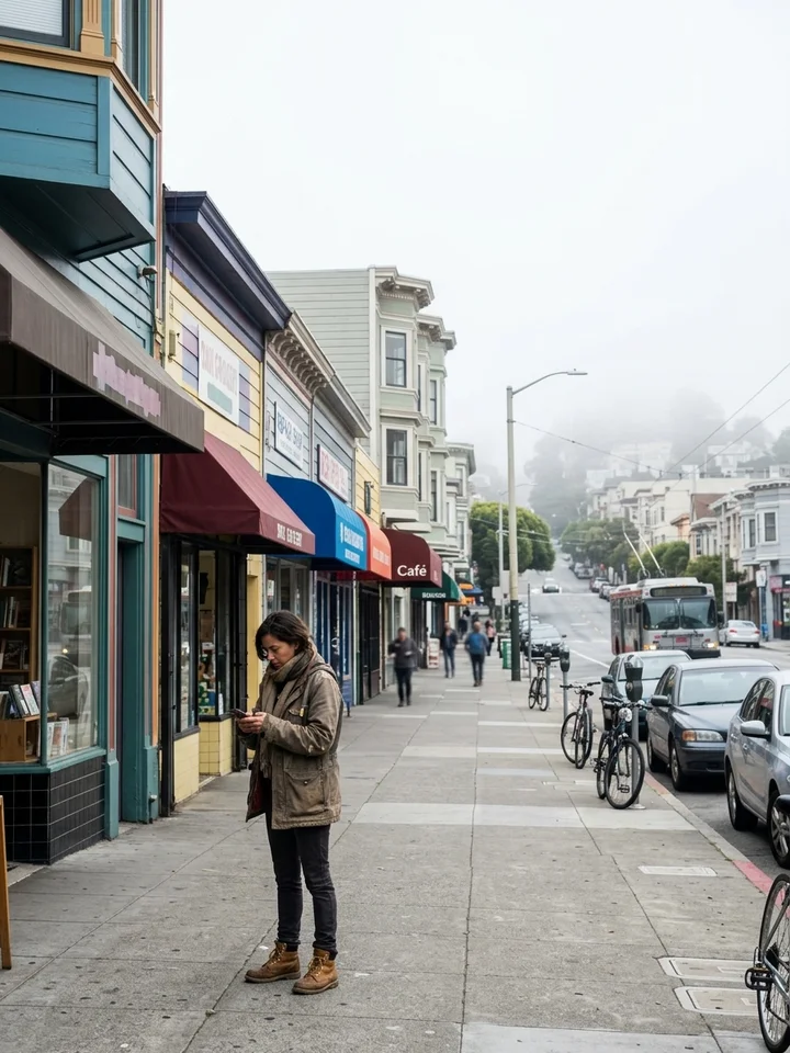 A San Francisco neighborhood commercial street on a weekday, small storefronts.