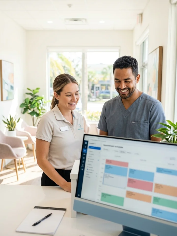 Dentist and front desk coordinator reviewing the day's appointment schedule together at a bright.