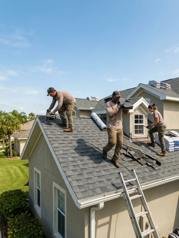 Roofing crew working on a residential shingle roof in bright Florida daylight, ladder against the eave and materials staged.