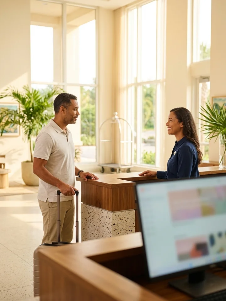 Guest being welcomed at a boutique hotel front desk, luggage beside them, warm daylight through tall lobby windows.