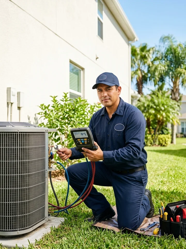 HVAC technician in a branded work shirt servicing an outdoor condenser unit beside a home on a bright day.