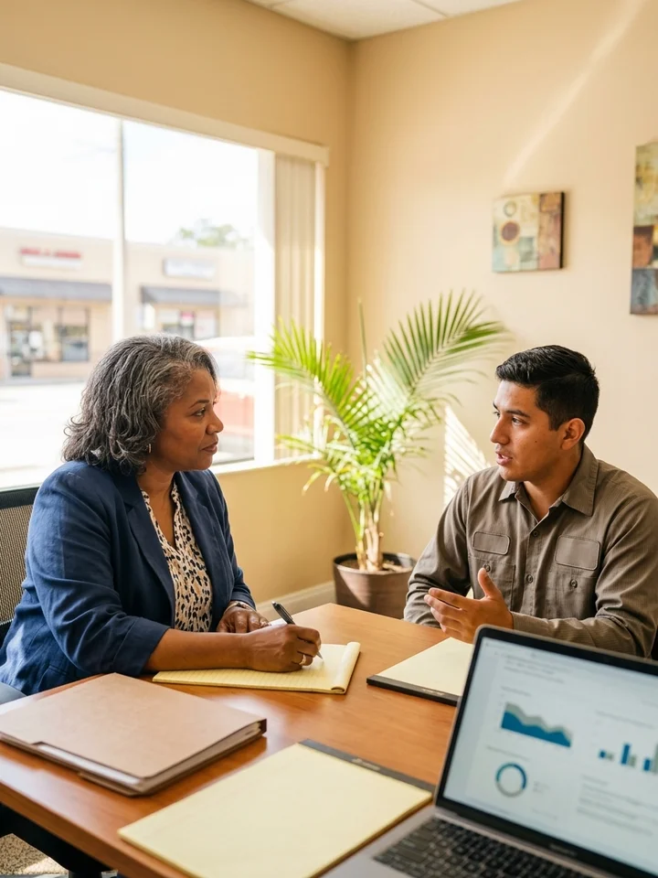 An attorney meeting a new client across a desk in a small law office, listening and taking notes.