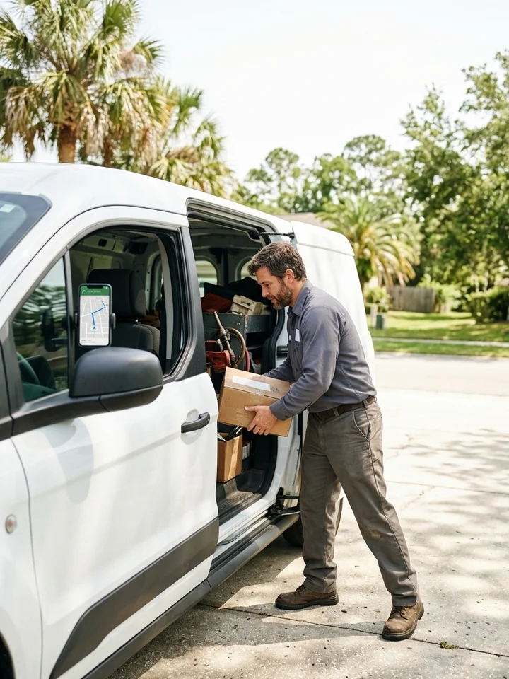 Service technician loading equipment into a van in a Jacksonville suburban driveway.