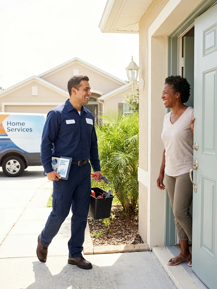 Uniformed service technician arriving at a suburban front door with tools in hand, greeted by a homeowner.