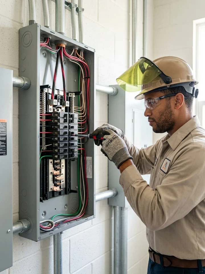 Licensed electrician in safety gear working inside an open residential electrical panel, wiring neatly organized.