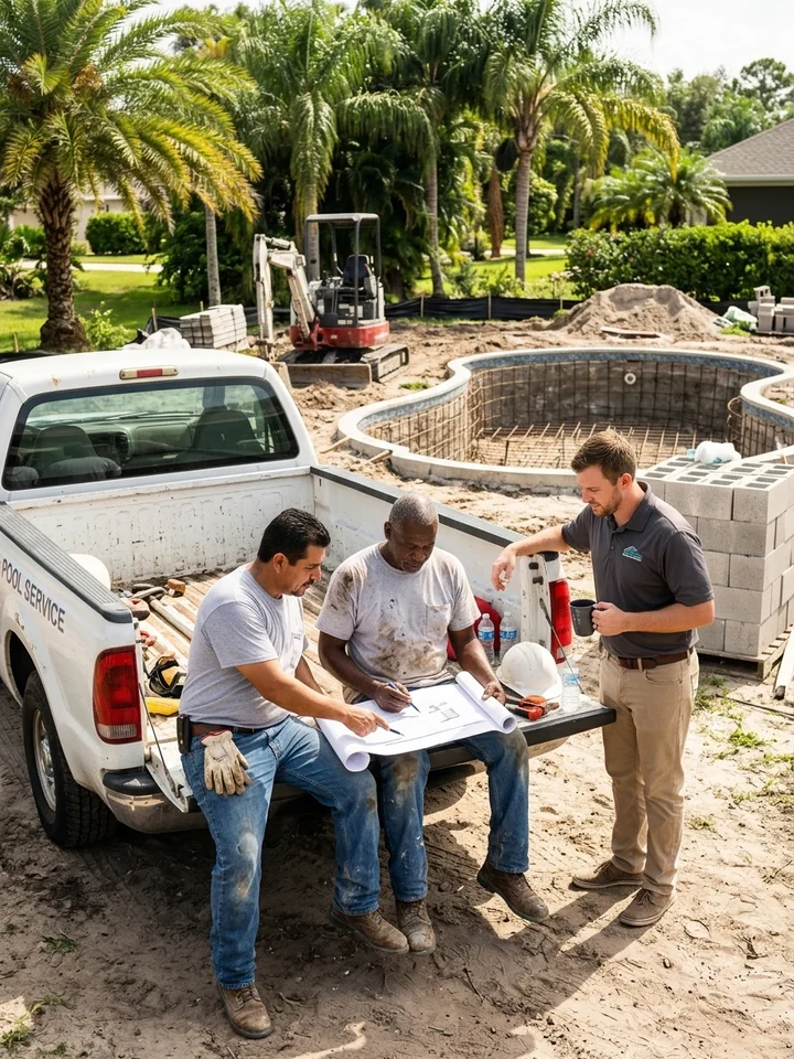 Pool construction crew and owner reviewing a build schedule on a truck tailgate at a job site, mid-morning daylight.