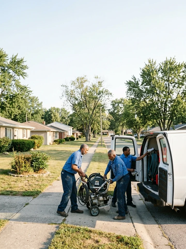 A local service crew loading equipment from a van on a residential Indiana street early in the morning.