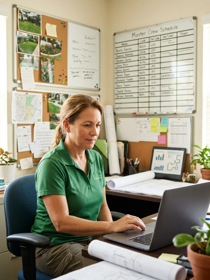Landscaping company owner reviewing route schedules and job photos on a laptop in a small office.