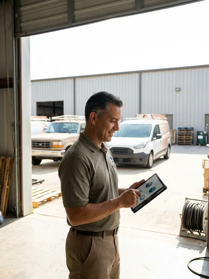 Houston business owner reviewing job dispatch on a tablet outside a warehouse bay with service vehicles parked behind.