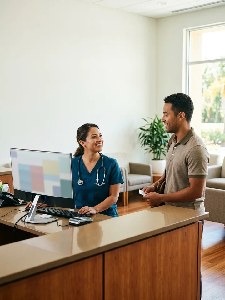 Front desk of a bright, modern medical practice with a staff member greeting a patient.