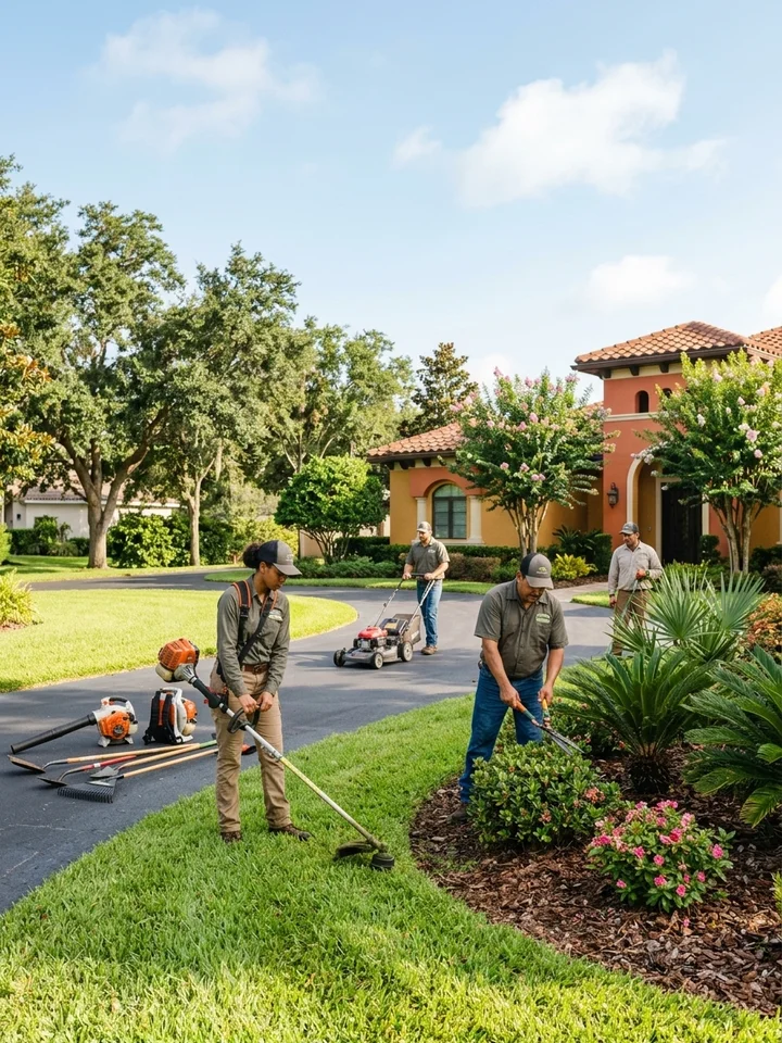 Landscaping crew in branded work shirts trimming beds and edging a lawn on a bright Florida morning.