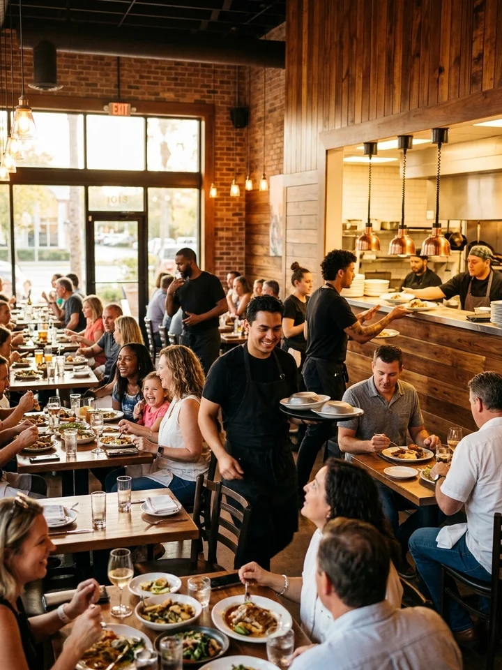 Busy restaurant dining room during evening service, servers moving between full tables.