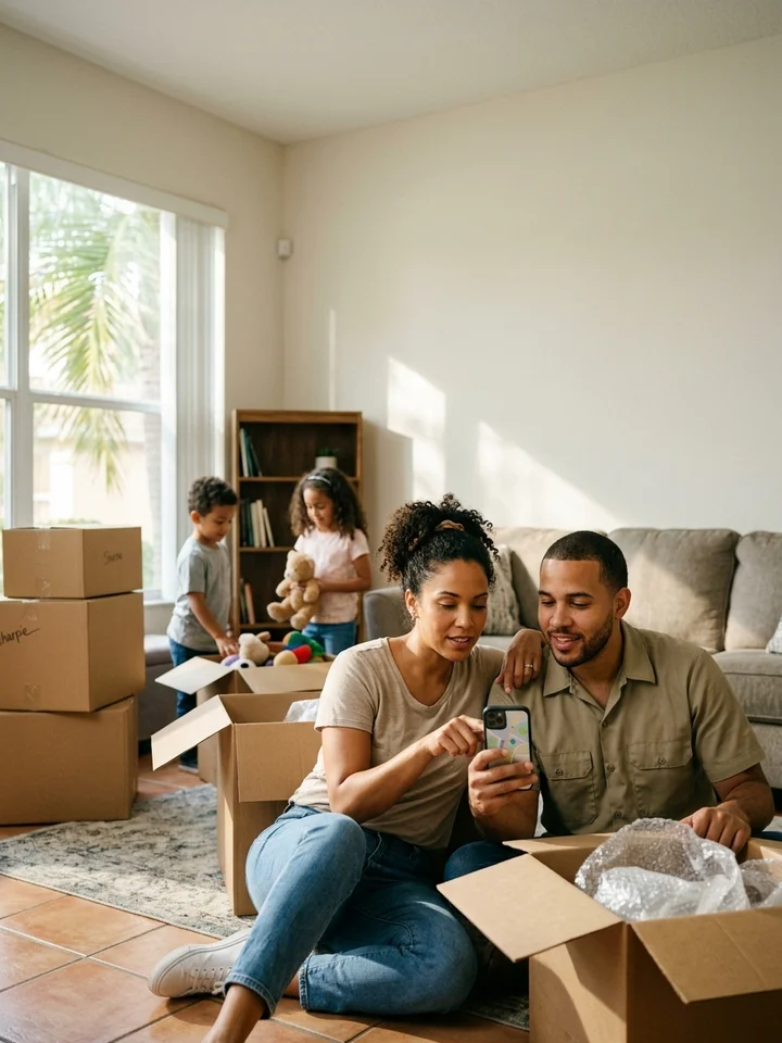 Family unpacking boxes in a newly purchased Charlotte area home, searching on a phone for local services.