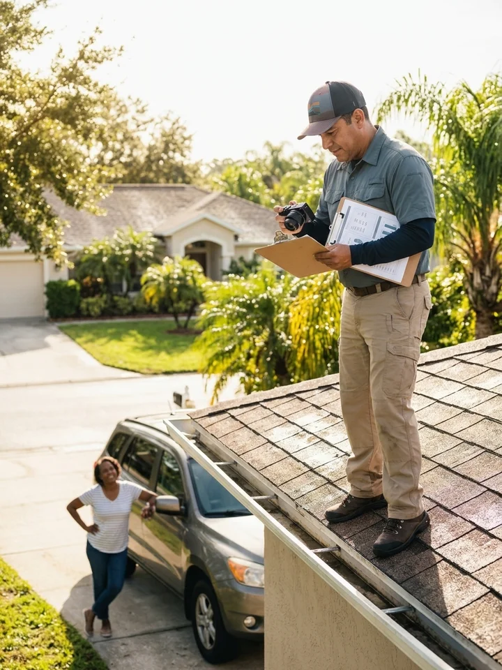 Public adjuster in work attire documenting roof damage on a Florida home with a clipboard and camera, sunlight after a storm.