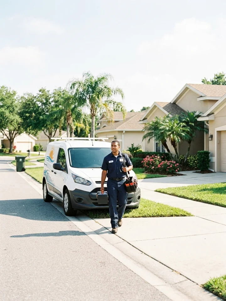 Service van parked in a residential neighborhood on a sunny morning as a technician walks toward a home.