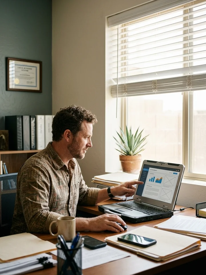 A business owner reviewing their website on a laptop at a desk in a small Arizona office.