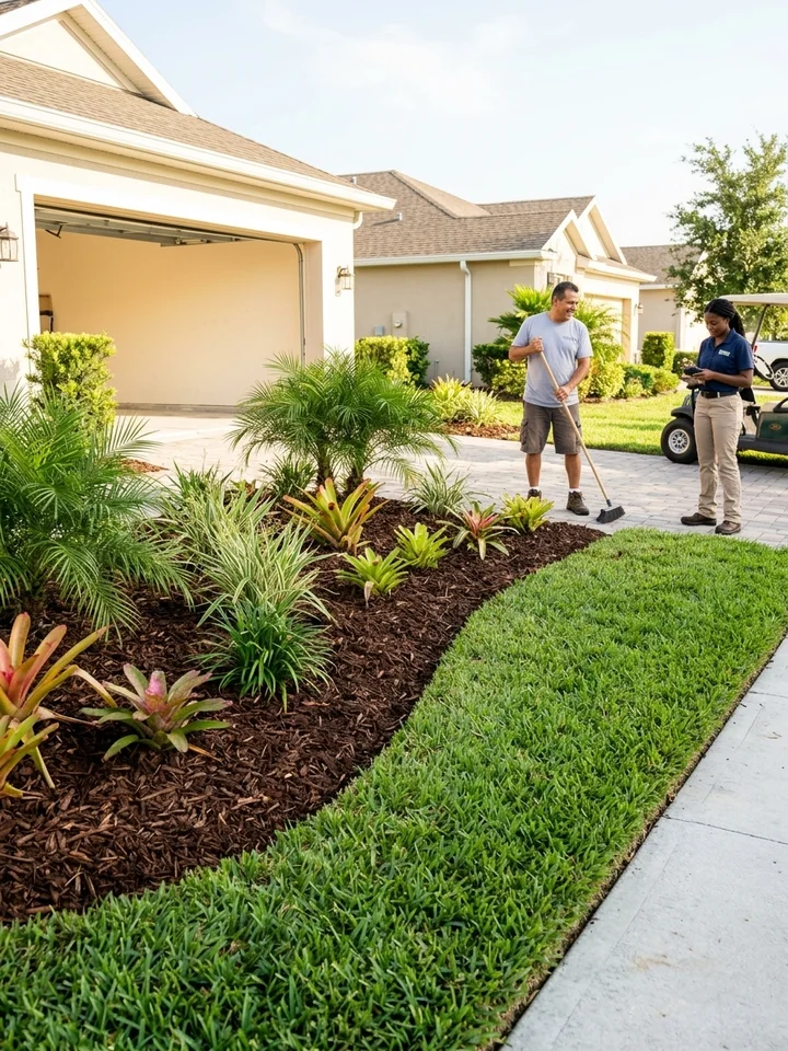 Well maintained front yard on a suburban street with fresh mulch beds and sharp edging.