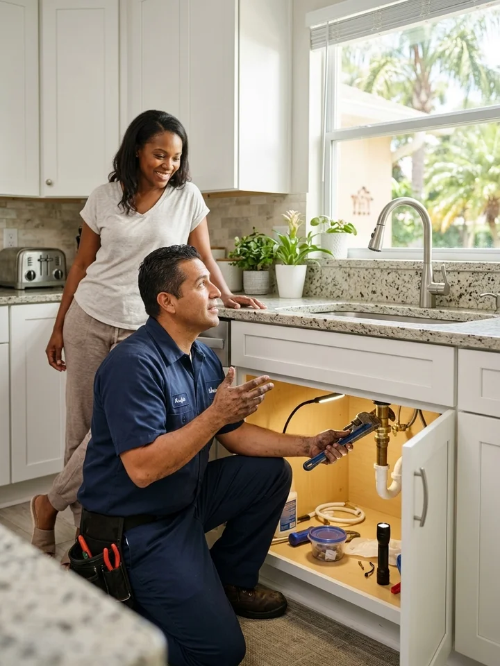 Licensed plumber in a clean work uniform kneeling under a kitchen sink with a wrench.