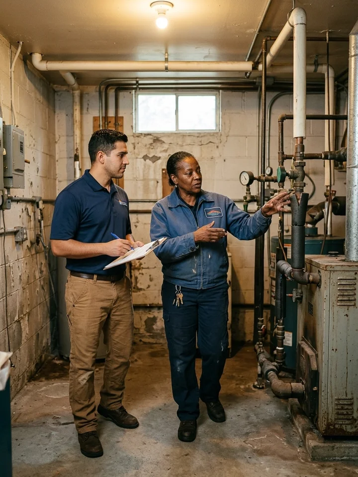 A building superintendent walking a contractor through a older basement mechanical room with pipework and a boiler.