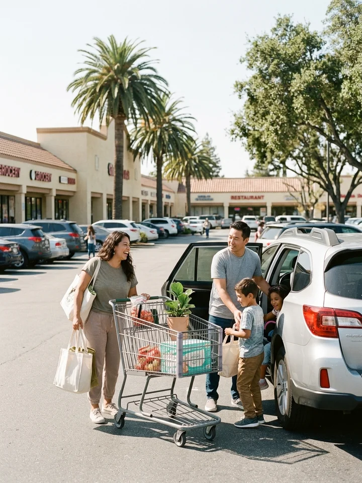A family on a Saturday errand run outside a South Bay neighborhood shopping strip.
