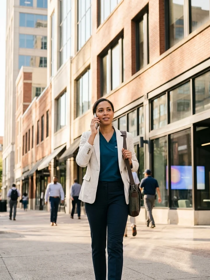 Business owner walking through a Dallas commercial district in the morning.