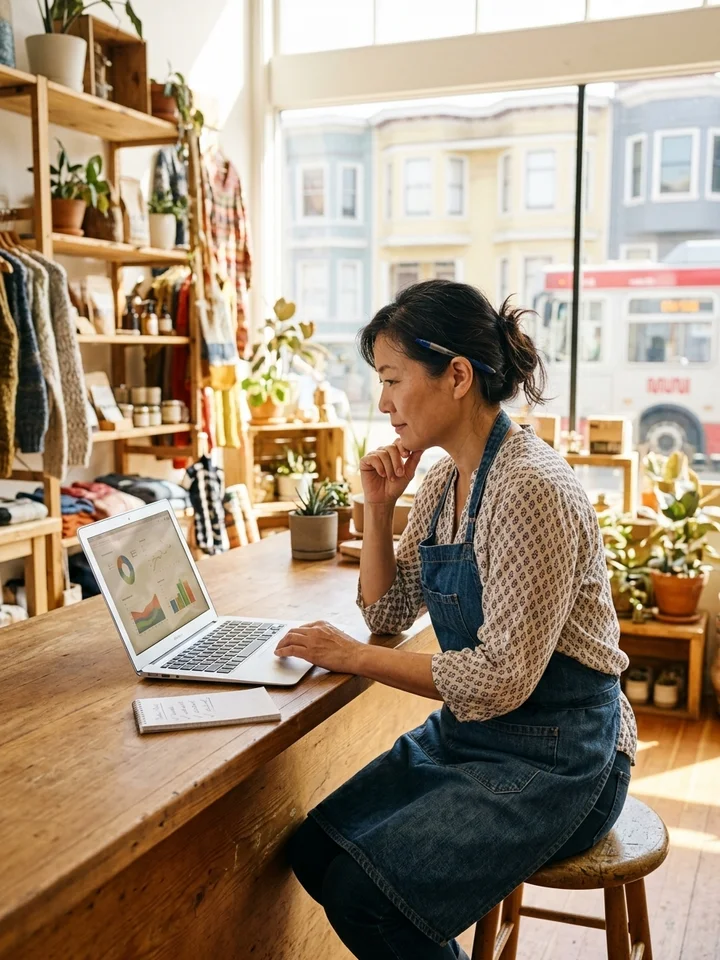 An independent San Francisco business owner reviewing weekly performance numbers on a laptop at their shop counter.