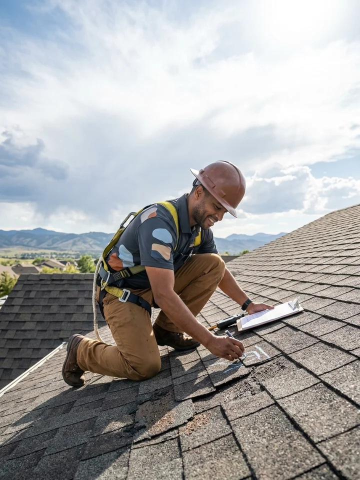 A contractor on a residential roof inspecting shingle damage after a storm.