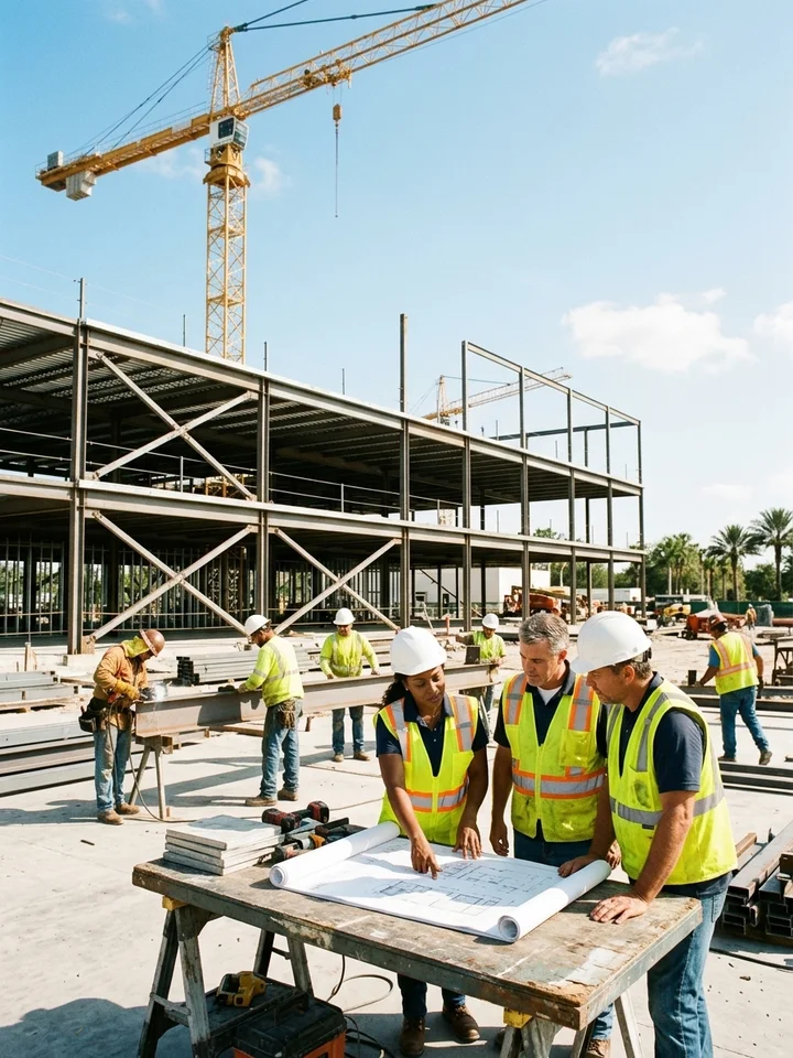 Commercial construction site mid-build with steel framing and a crane against a bright sky.