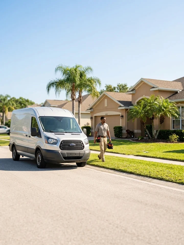A clean service van parked curbside in a sunlit residential neighborhood as a technician walks toward a home.