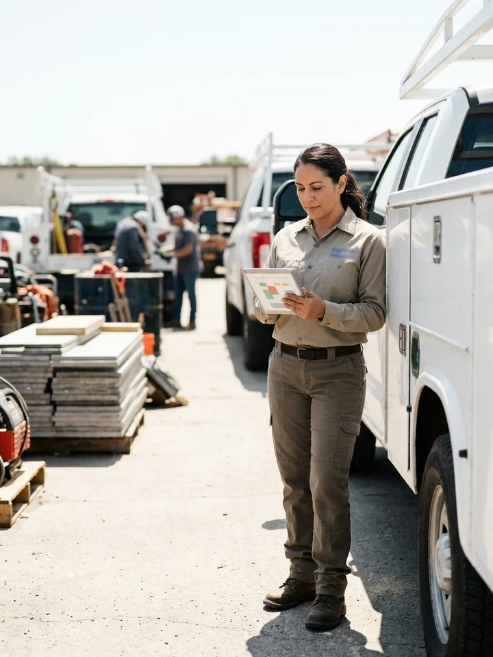Fort Worth business owner in work clothes reviewing job schedules on a tablet beside a service truck in a yard.