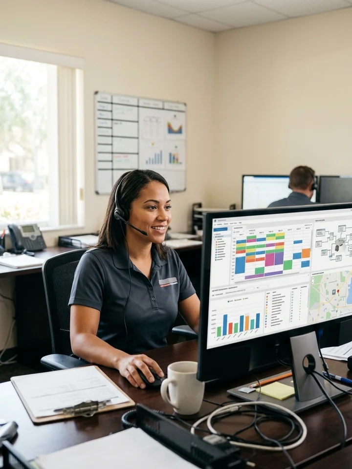 Dispatcher at a heating and cooling company reviewing the day's service schedule on a screen.