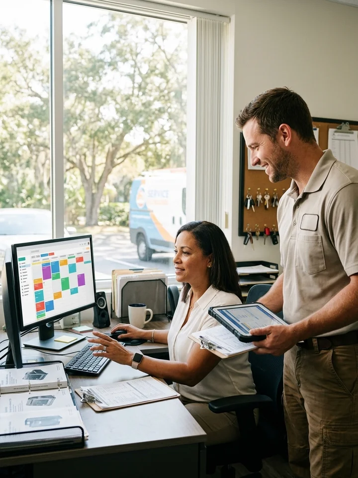 A service company office manager reviewing a dispatch schedule on screen while a technician checks in.