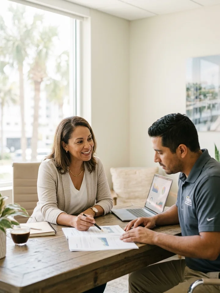 Professional advisor meeting a client across a desk in a bright office, mid-conversation over documents.