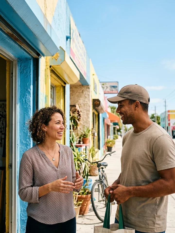 Miami business owner speaking with a customer outside a colourful storefront, both mid-conversation in bright daylight.