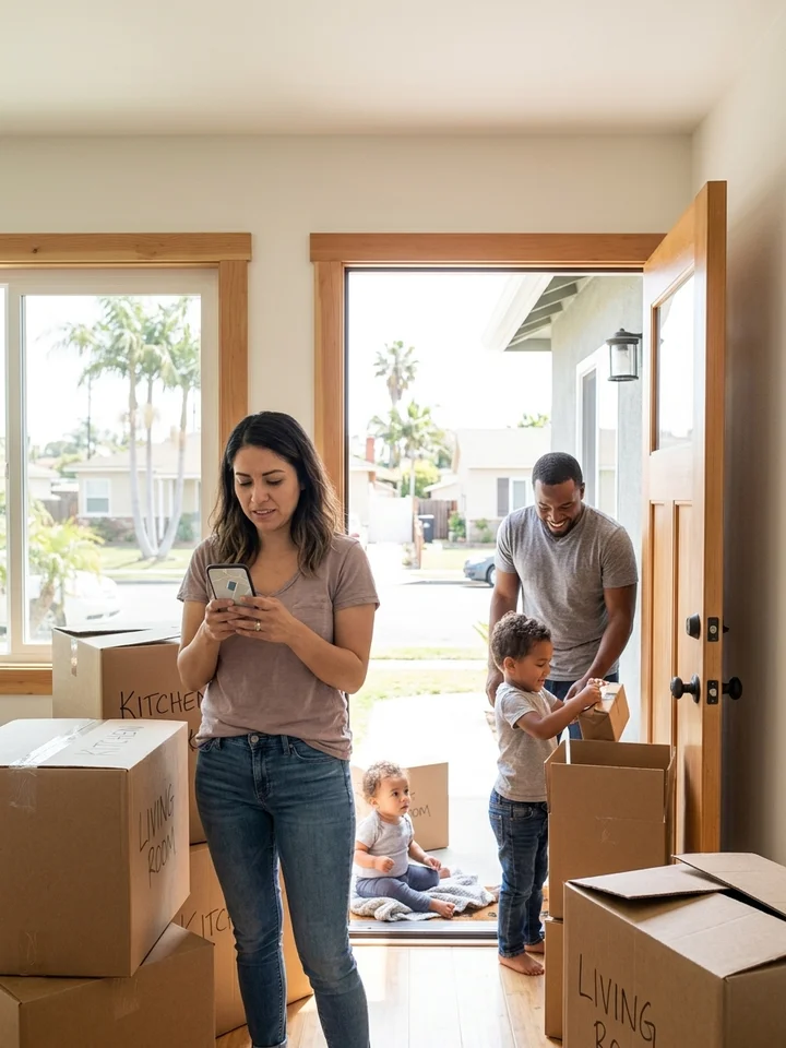 Family unpacking boxes in the doorway of a new San Diego home on a sunny street, one of them looking something up on a phone.