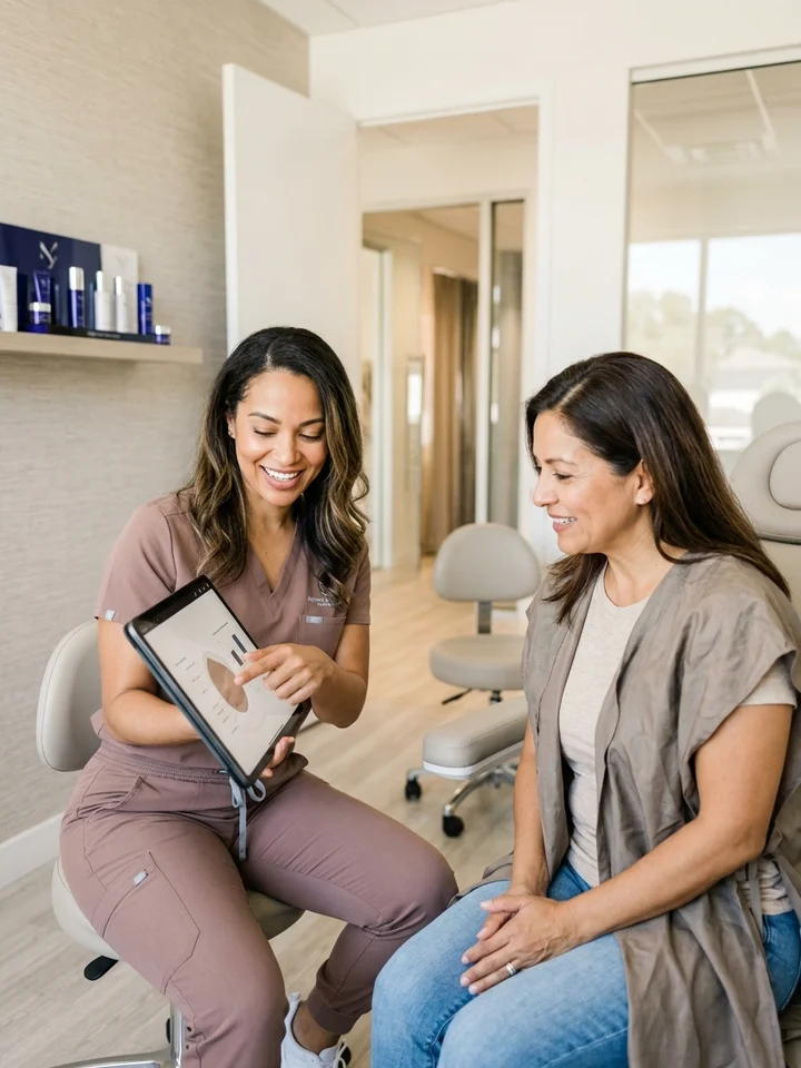 Med spa practitioner in a bright treatment room walking a client through an aesthetic treatment plan on a tablet.