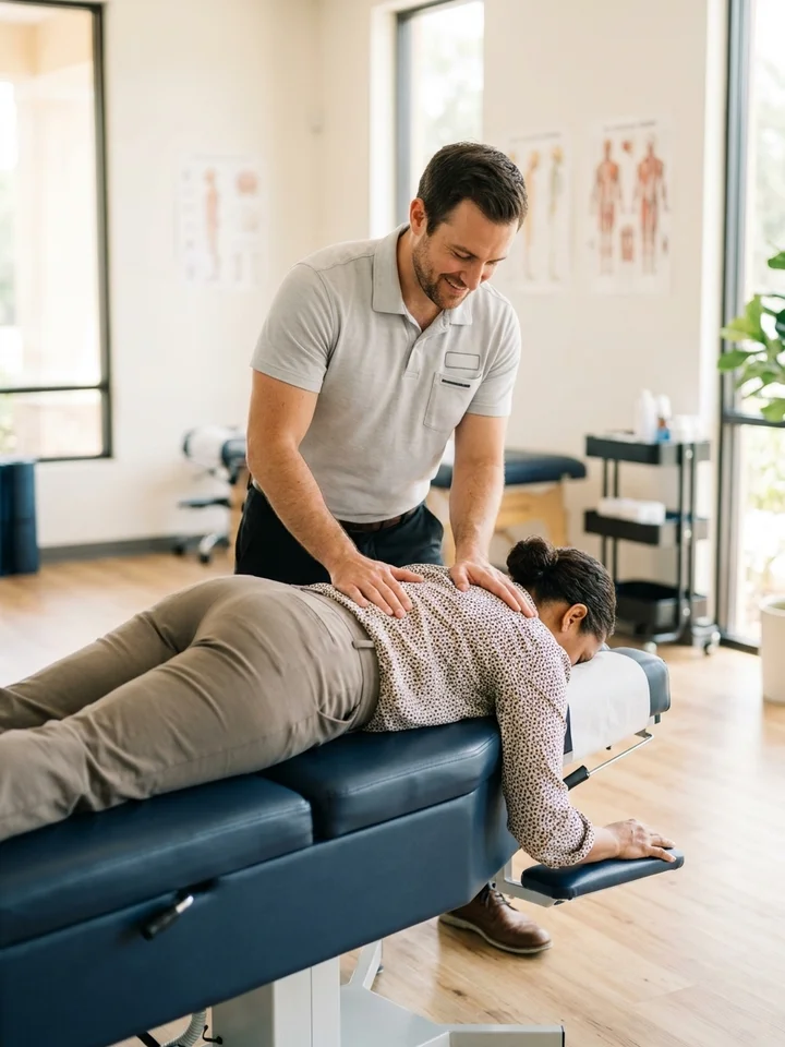 Chiropractor guiding a patient through a treatment in a bright, modern clinic.
