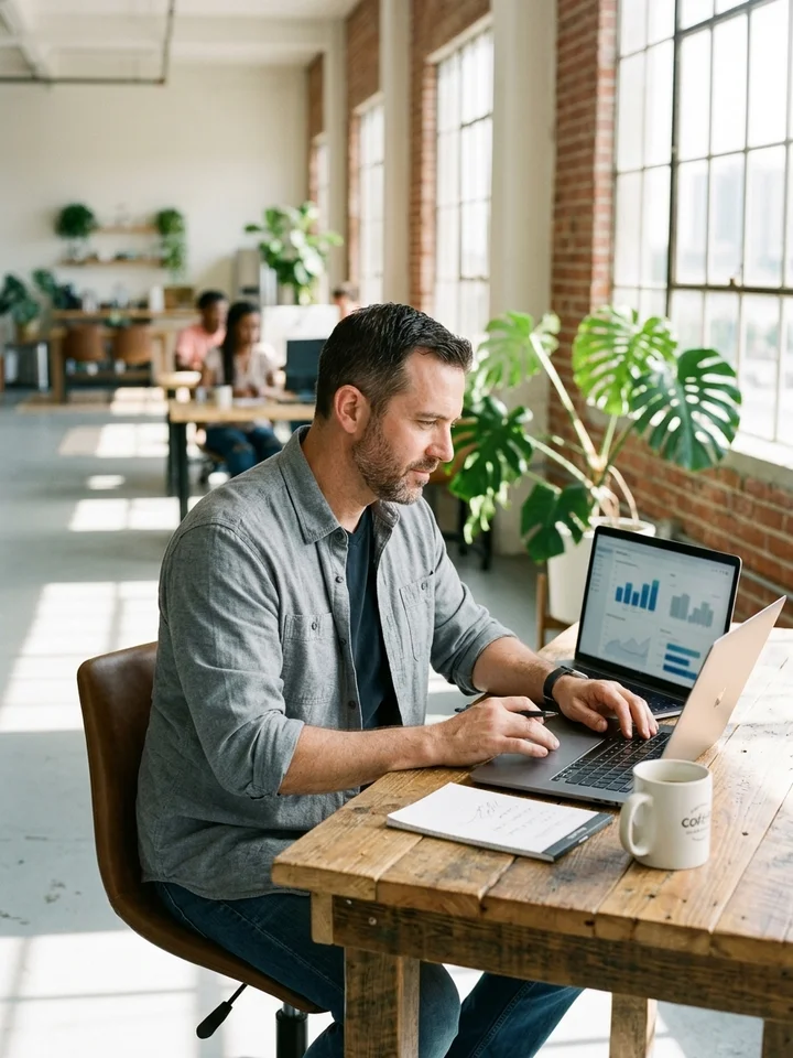 Austin business owner reviewing performance numbers on a laptop in a bright converted-warehouse office space.