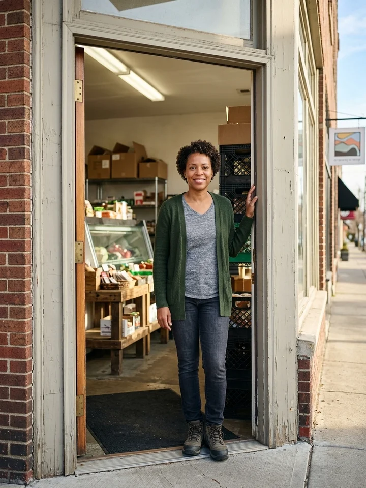 A small business owner standing in the doorway of a central Ohio storefront during morning setup.