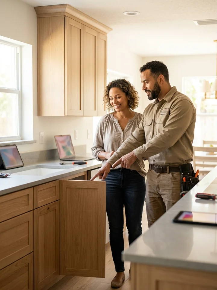 General contractor walking a homeowner through a nearly finished kitchen renovation.