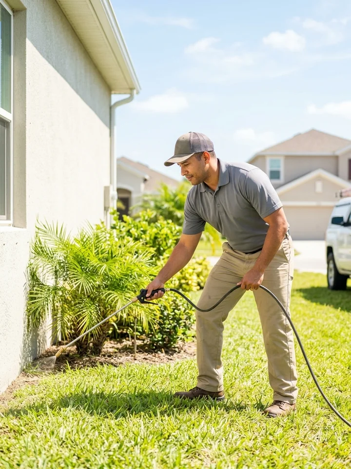 Pest control technician in a company uniform treating the exterior foundation line of a suburban home.