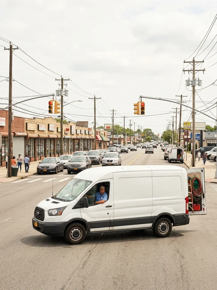 A service van at a traffic light on a busy Long Island commercial boulevard lined with strip retail and utility poles.