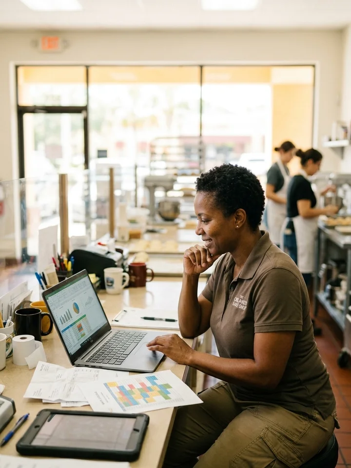 A small business owner going through job numbers on a laptop at a back counter.