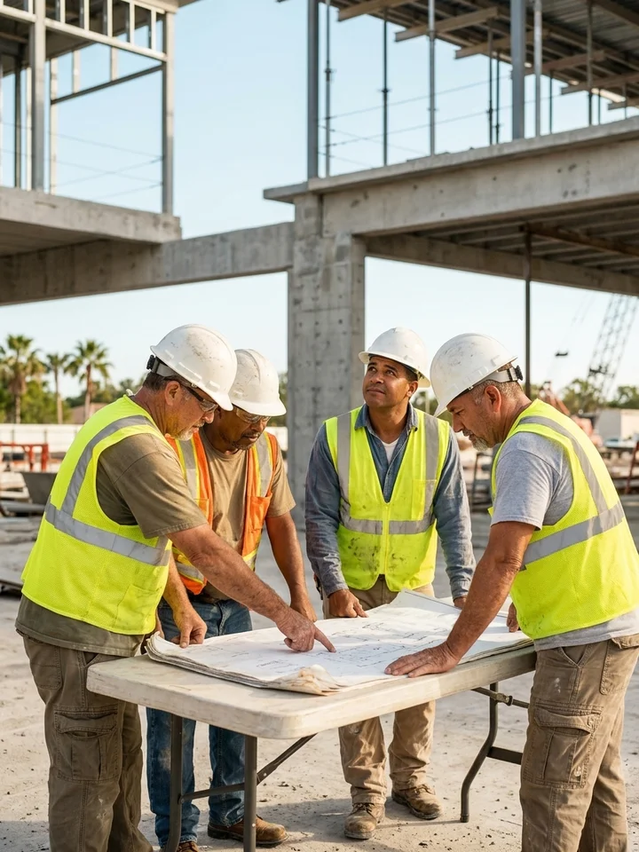 Construction crew in work shirts reviewing plans on a sunlit job site, conveying competence and a project moving on schedule.