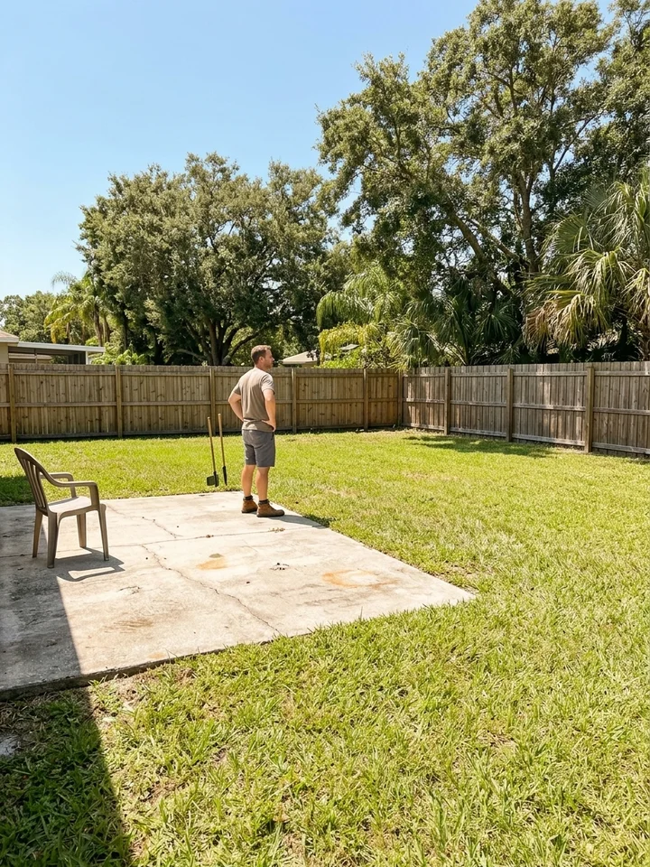 Plain suburban backyard with lawn and a patio slab, photographed in bright daylight.