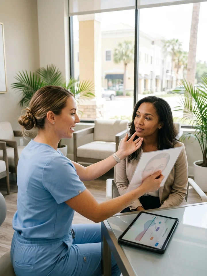 Practitioner walking a prospective patient through treatment options in a bright, modern cosmetic clinic.